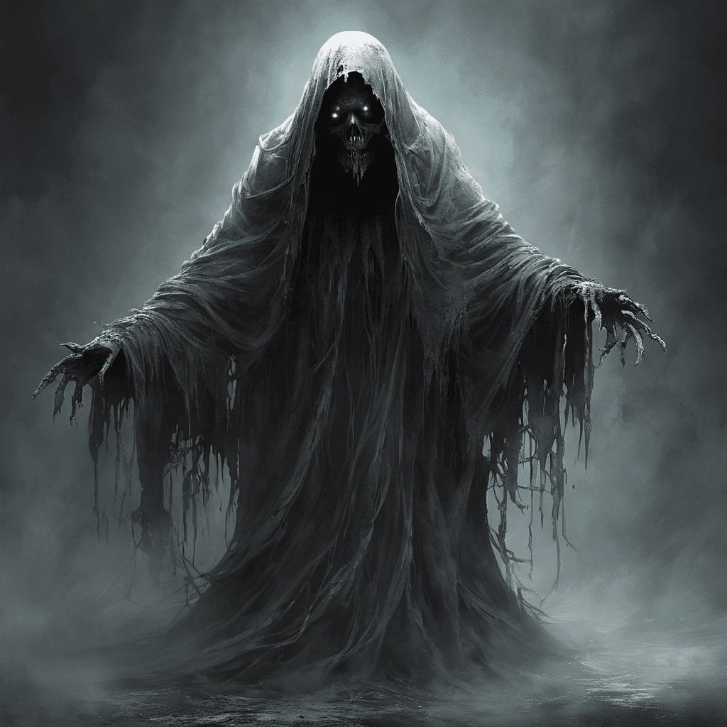 The Wraith is a ghostly figure, shrouded in tattered remnants of clothing. Its eyes glow with a malevolent light, and its cold breath chills the air around it. The Wraith emits an eerie wail that sends shivers down your spine, and its touch drains the warmth from your soul.