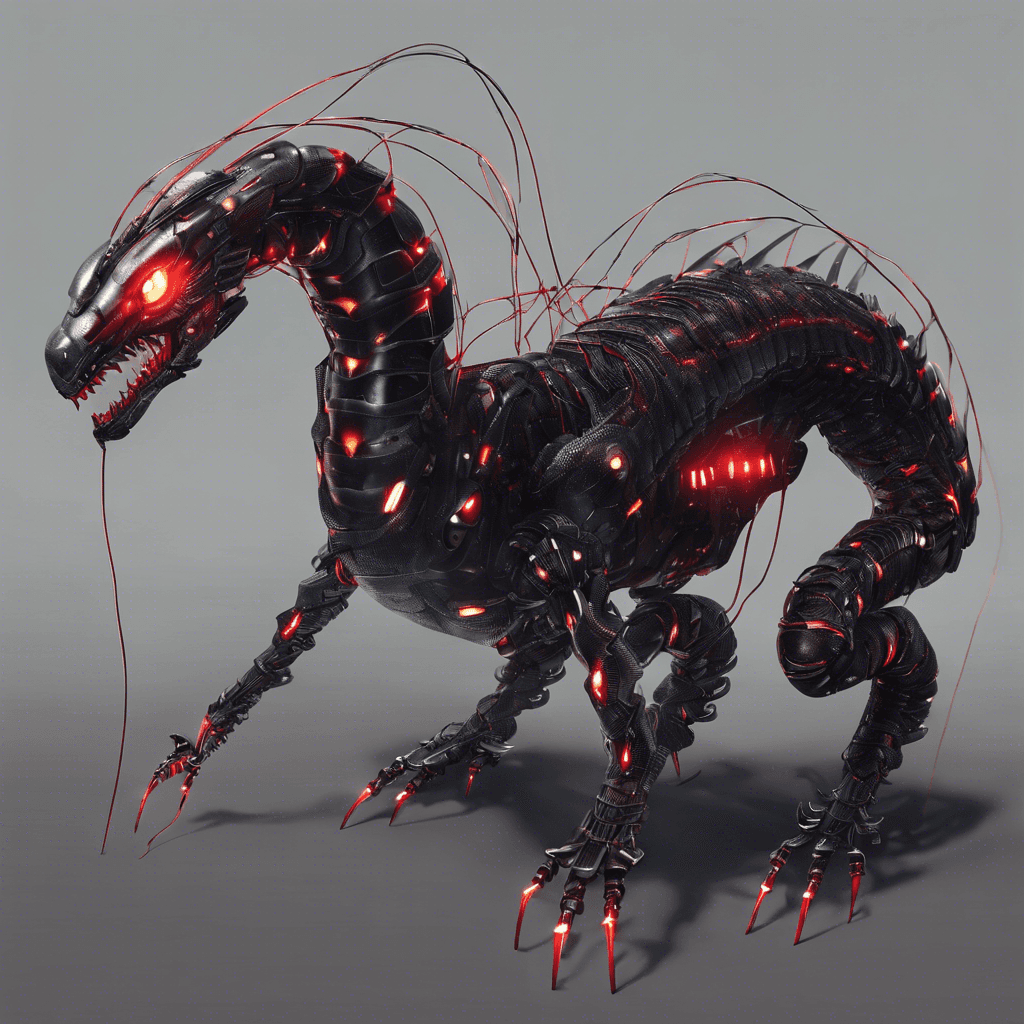 A serpentine robotic creature with shimmering metallic scales, glowing red eyes, and sharp, electrified spines running along its back. It moves with an eerie, silent grace, cables and wires interlaced between its segmented body parts, crackling with dangerous energy.