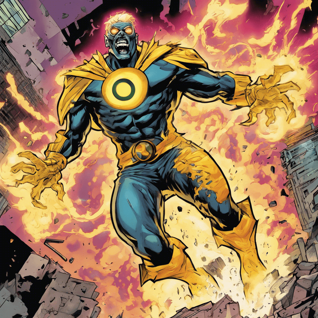 Nuclear Nova is a villain who radiates a bright, glowing energy that crackles and pulses with dangerous power. Their presence leaves a trail of destruction as buildings crumble and the ground shakes with each step. The air around Nuclear Nova feels heavy and charged with energy, giving off a sense of impending danger.