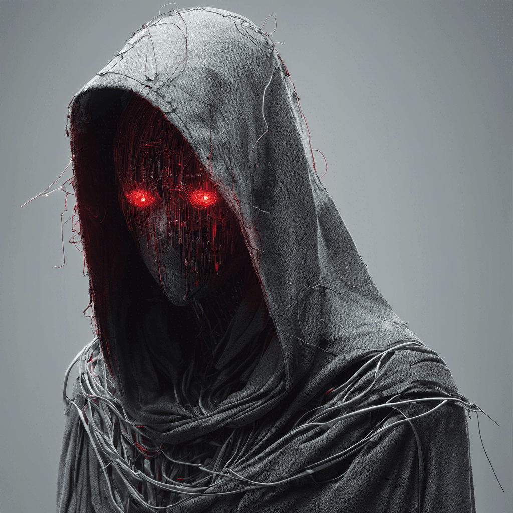 The Cyber Shade is a haunting figure, enveloped in tattered electronic cloaks, with glowing red eyes that peer out from the dark hood. The figure moves with a ghostly silence, circuits and wires visible through the tears in the fabric, sparking with every silent step.