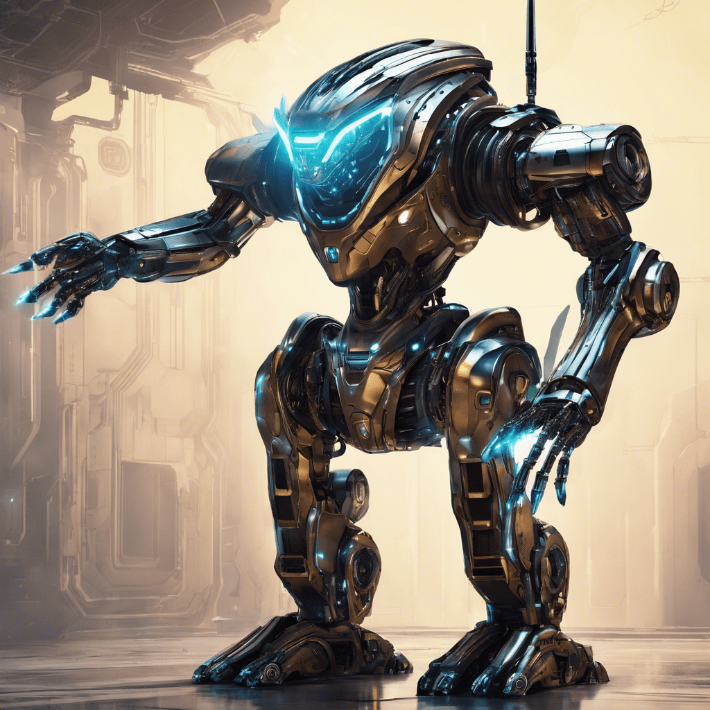 A sleek robotic sentinel with a metallic, humanoid structure. Its body is adorned with glowing circuitry patterns that pulse with energy, reflecting advanced defensive and offensive systems integrated into its frame.