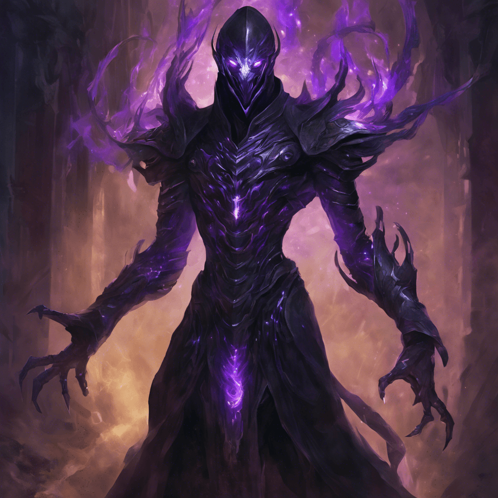 The Void Walker appears as a shadowy figure, clad in sleek, dark armor that seems to bend and distort the light around it. Its eyes glow with an eerie purple light, and tendrils of energy crackle around its fingertips. It moves with an otherworldly grace, as if defying the laws of physics.