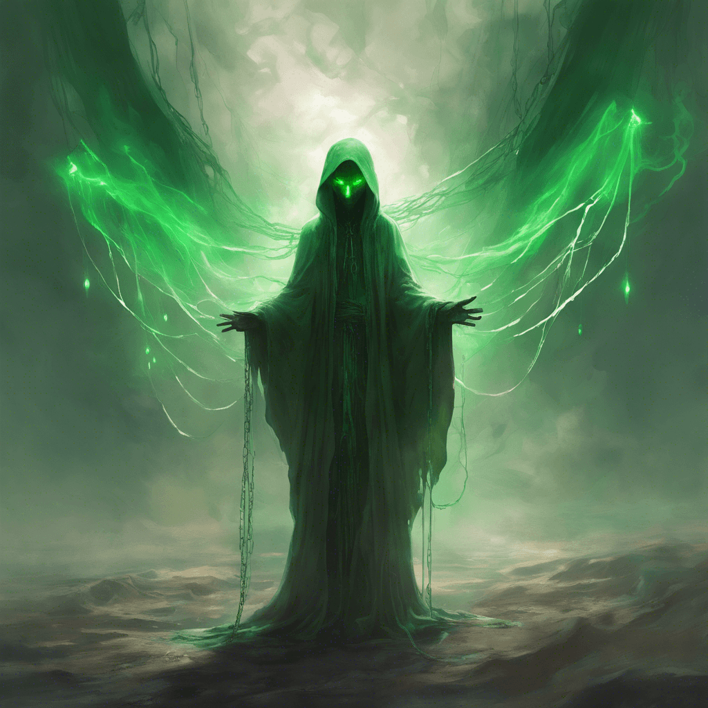 An ethereal figure gliding above the ground, its tattered robes and hollow eyes emitting a sickly green glow. Ephemeral chains rattle as it moves, its touch seeming to drain the very warmth from the air.