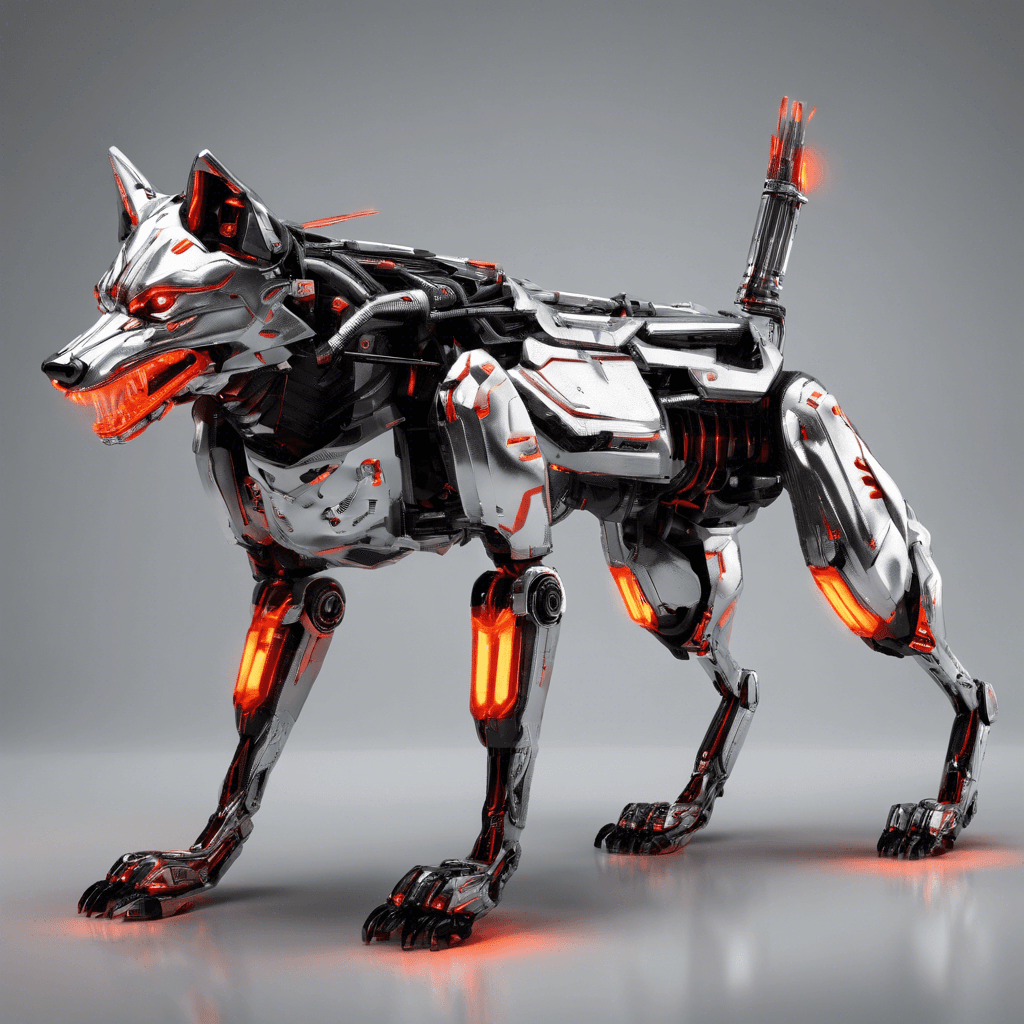 A quadrupedal robotic wolf with glowing red optics, its sleek chrome body fitted with hazard-orange accents. It's capable of swift, lethal movements and equipped with razor-sharp metallic teeth.