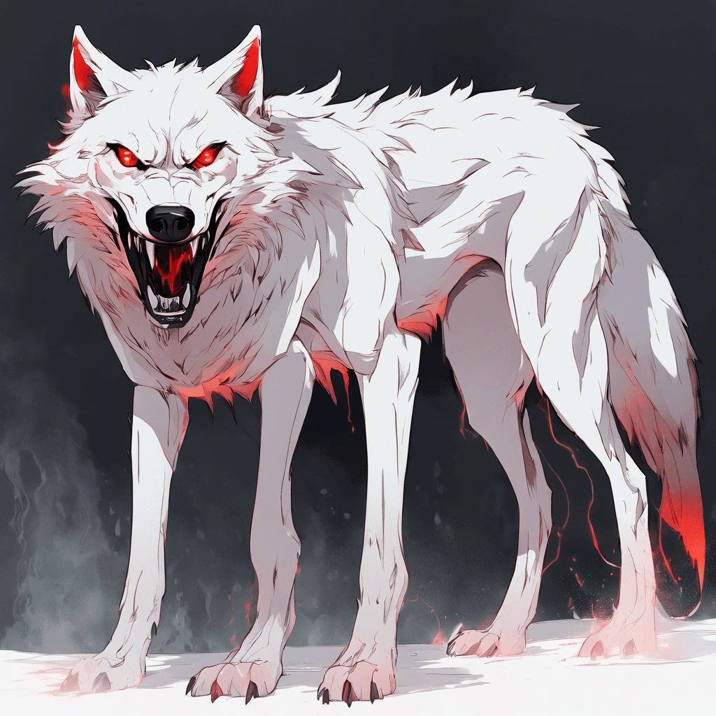 A large wolf with pitch-black fur that seems to absorb light, glowing red eyes, and sharp, elongated fangs dripping with a mysterious, ethereal mist.