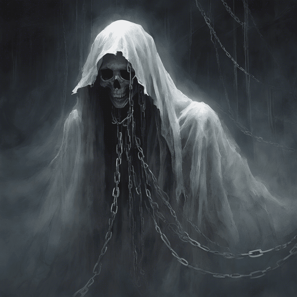 A ghostly figure shrouded in tattered robes, it floats above the ground, its face hidden in darkness. Ethereal chains rattle softly as it moves, and a chilling, sibilant whisper seems to echo from the void where its face should be.