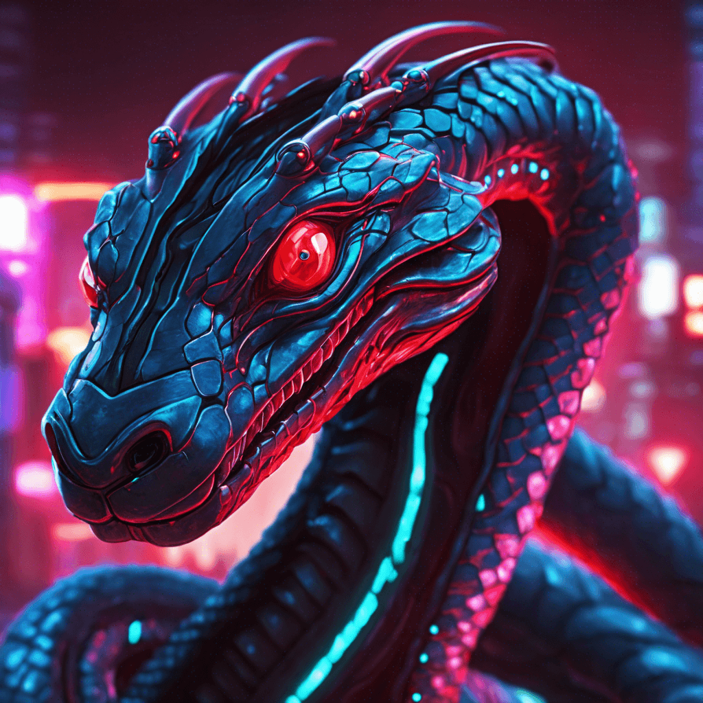 A sinuous, sleek cybernetic serpent with metallic scales that glint in the neon lights of NeoCity. Its eyes glow with a malevolent red light, and its segmented body moves with unnerving agility.