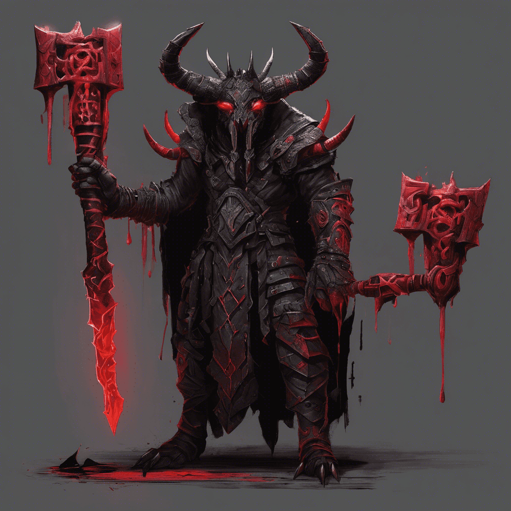 A towering labyrinth-dweller with twisting black horns, a thick hide covered in rune-carved armored plates, and eyes glowing with a baleful crimson light. A long, vicious axe drips with dark energy in its grasp.