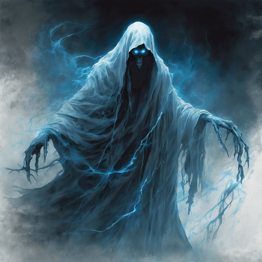 The Specter of the Forsaken is a ghostly figure draped in tattered robes, with hollow eyes glowing with an eerie blue light. Its ethereal form seems to waver and distort, exuding a sense of cold dread to all who behold it. Wispy tendrils of darkness trail behind it, emanating a chilling aura.