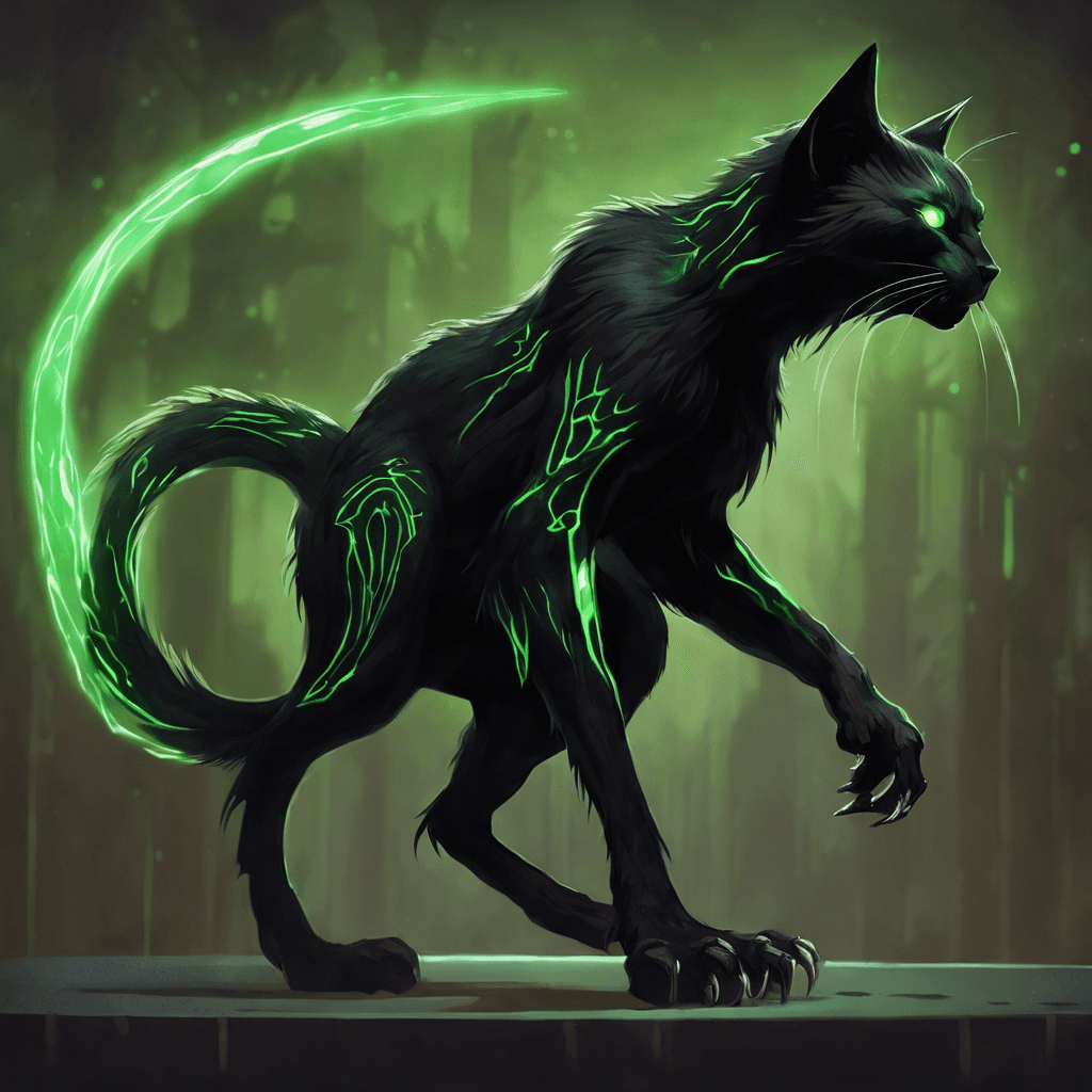 A slinking, feline-like creature with glossy black fur that seems to absorb light, standing on muscular hind legs with elongated forelimbs ending in razor-sharp claws. Its eyes glow with an eerie green light, and its movements are graceful yet menacing.