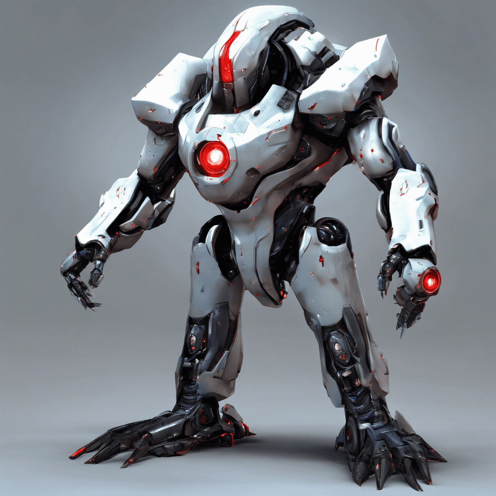 The Xenonite Sentinel is a robotic guardian designed to protect valuable resources in deep space. It stands tall with sleek silver armor, emitting a faint blue glow from its intricate circuitry. Its eyes are two piercing red lights scanning the area for any potential threats.