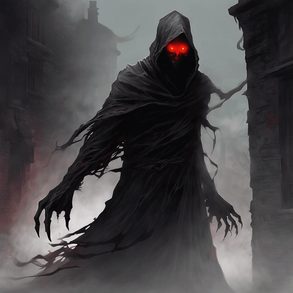 The Shadow Stalker is a sinister apparition shrouded in darkness, with glowing red eyes that pierce through the black mist surrounding its form. Its wraith-like figure moves silently and swiftly, leaving a chill in its wake as it hunts its prey in the depths of the Old Town.