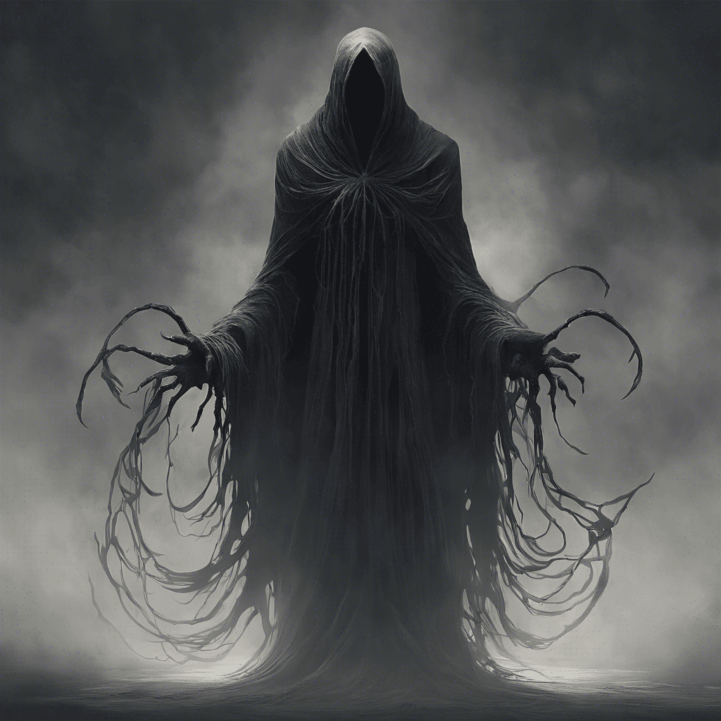 The Void Wraith is a shadowy entity from another dimension, with a humanoid shape but constantly shifting and warping. Its dark, misty form seems to absorb light around it, making it difficult to see clearly. The Void Wraith moves silently and swiftly, striking with tendrils of darkness that can drain the life force of its victims.