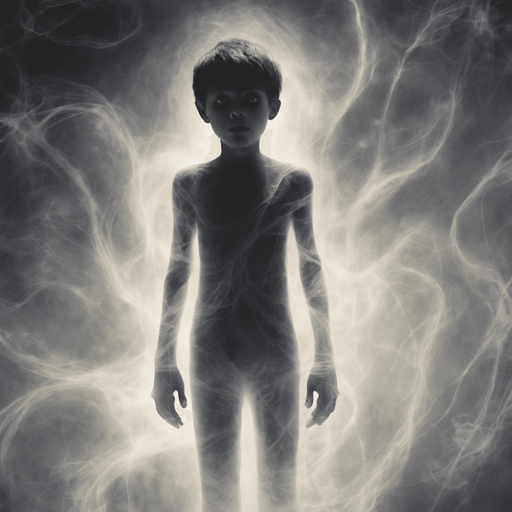 A spectral, translucent figure of a boy, no older than 10, with an insatiable and unnatural hunger. His eyes are dark voids, and his mouth seems impossibly wide when opened. He occasionally shimmers as if made of mist, with contorted, elongated limbs.