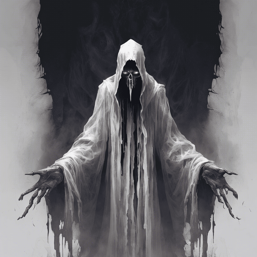 A transparent spectral figure, cloaked in tattered robes that drift like smoke, its face a ghastly visage of sorrow and rage with piercing hollow eyes and a mouth agape as if frozen in an eternal, silent scream.