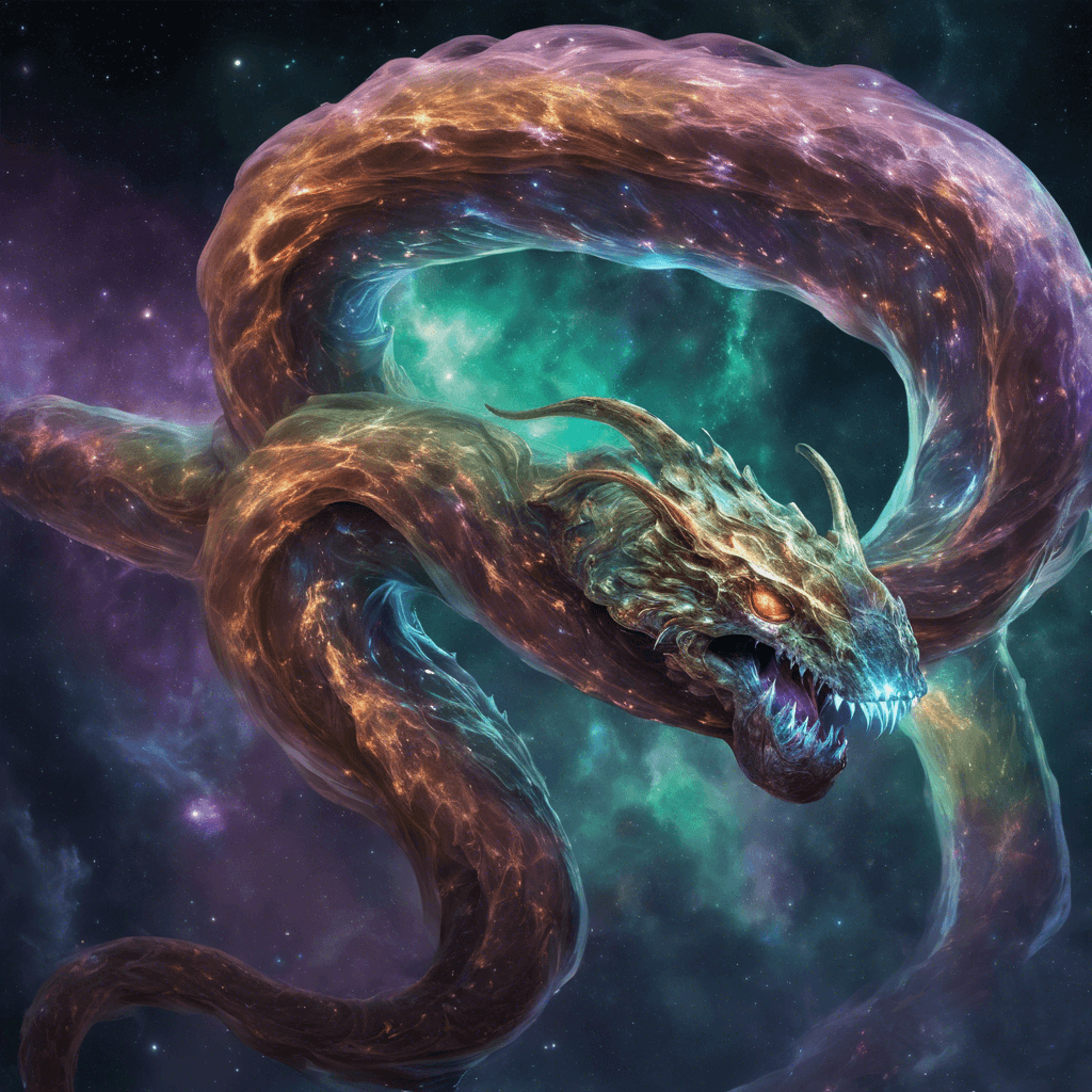 A colossal serpentine creature with a bioluminescent hide that shimmers with the colors of the nebula. It has long, sleek tendrils for maneuvering in space, and its gaping maw reveals rows of crystalline teeth.