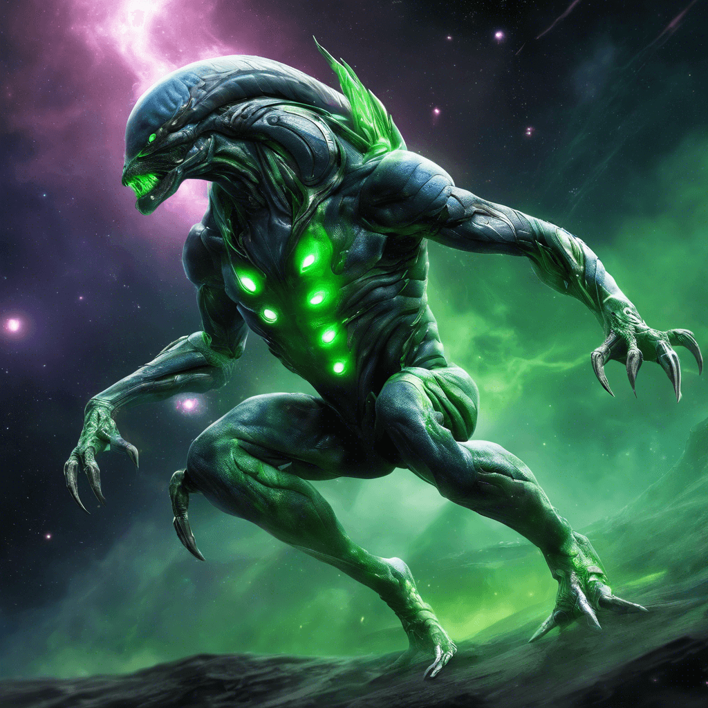 The Nebula Strider is a formidable alien creature, standing at 8 feet tall with sleek silver scales covering its muscular frame. Its eyes glow with a malevolent intelligence, and its razor-sharp claws glisten with a toxic green substance. The Strider moves with uncanny speed and agility, ready to strike at any moment.