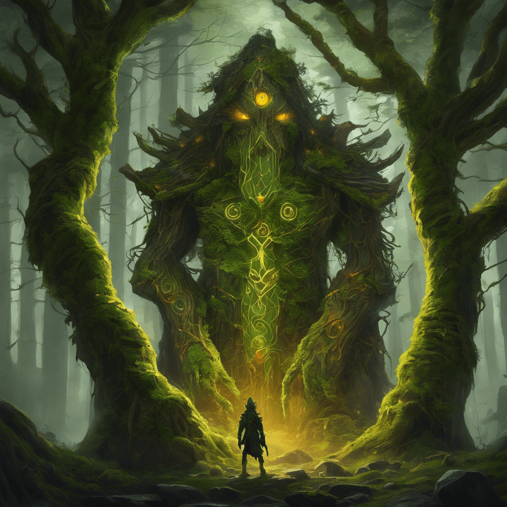 A towering guardian composed of knotted bark and vibrant moss, with glowing runes etched into its wooden limbs. It has piercing amber eyes that radiate a protective aura.