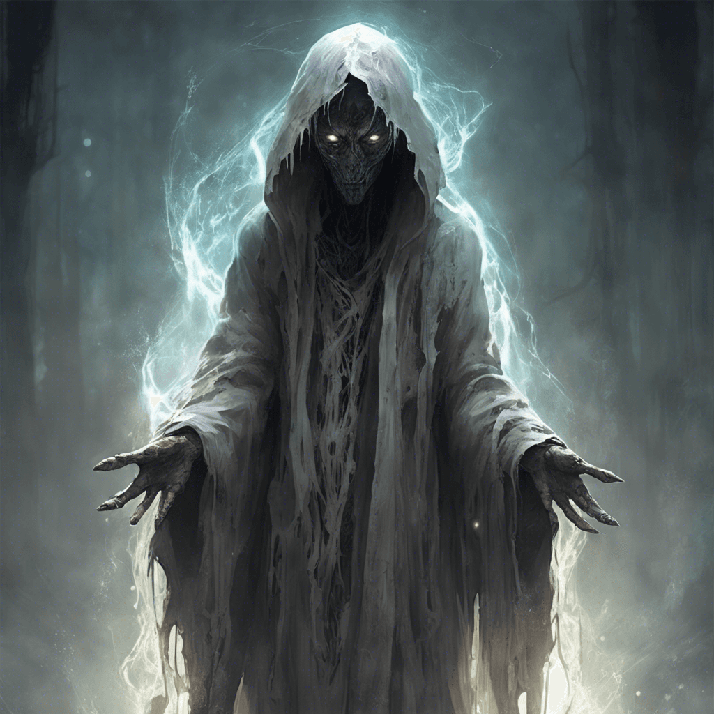 A figure clad in tattered, ethereal robes, its form constantly shifting between solid and insubstantial. Its eyes glow with a malevolent light, and a chilling aura surrounds it, causing the temperature to plummet wherever it goes.