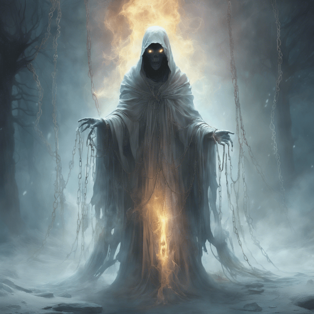 A spectral figure shrouded in torn, ethereal robes, its hollow eye sockets burn with ghostly light. Ethereal chains clank softly as it moves, each step leaving a trail of icy mist in the air.