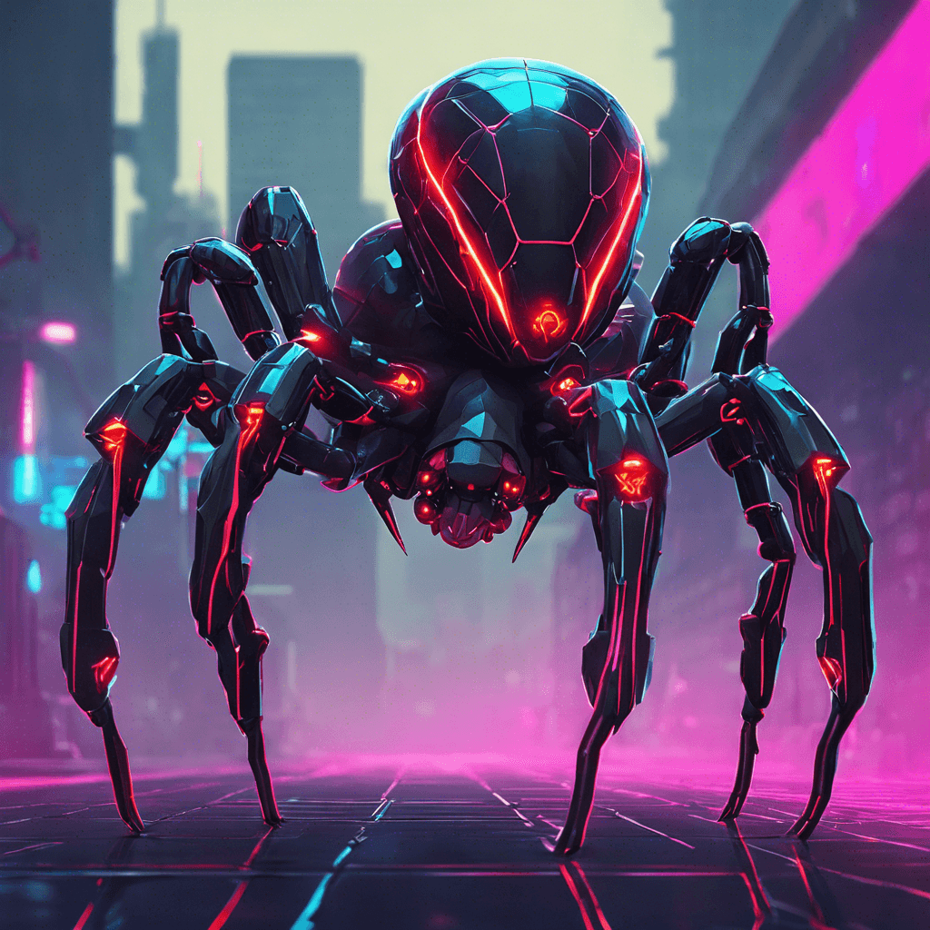 The Cyber-Spider is a robotic arachnid with sleek, metallic legs and a glowing red visor for eyes. Its body is covered in jagged, sharp edges, and it moves with surprising speed and agility, capable of climbing walls and ceilings effortlessly.