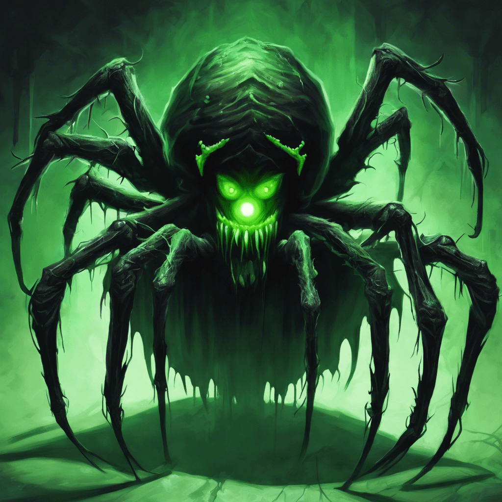 A massive spider, with its eight eyes glowing an eerie green, and its body shrouded in a cloak of darkness, its fangs dripping with venom.