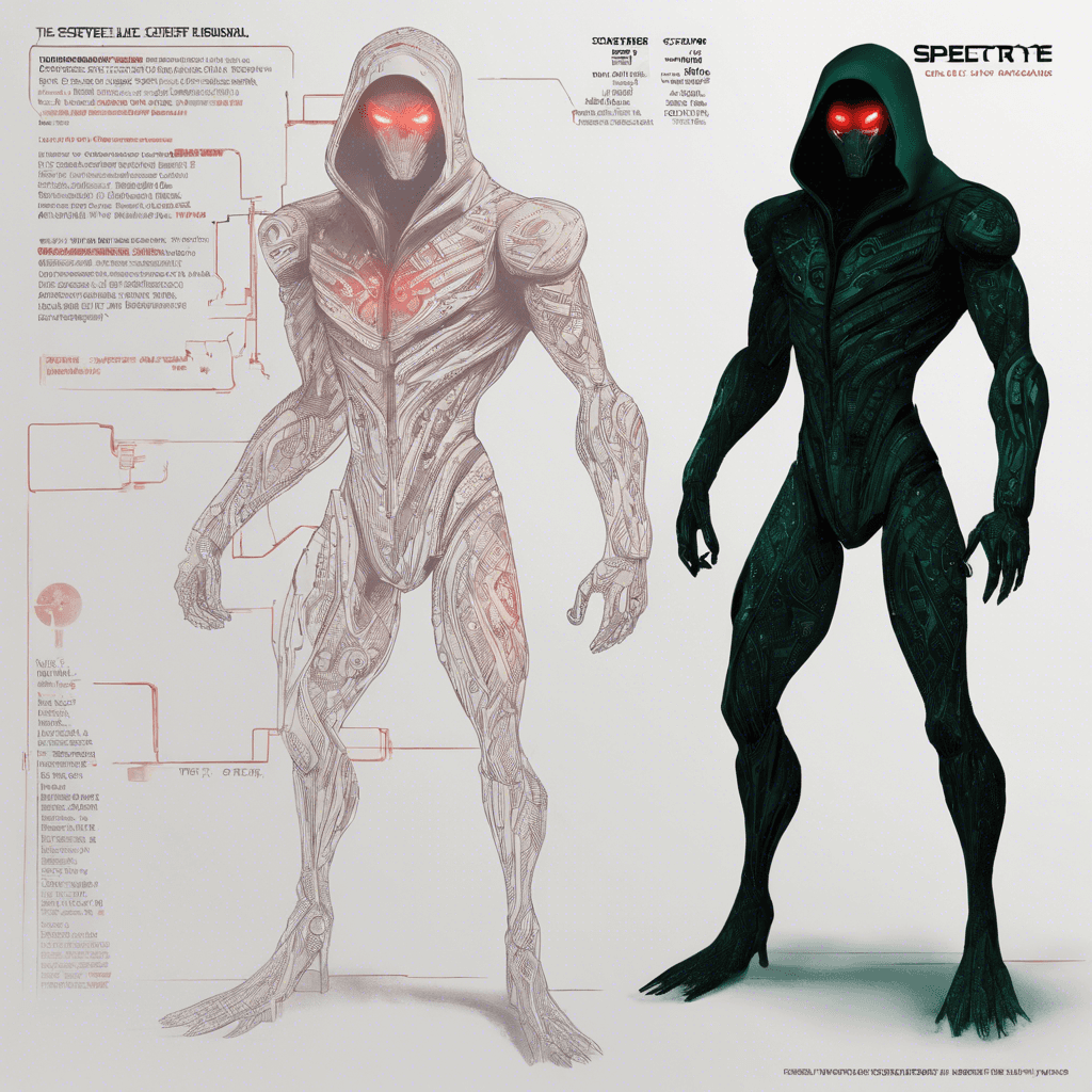 The Spectre-Scrambler is a sleek, humanoid figure cloaked in shadows, with glowing red eyes piercing through the darkness. Its body is adorned with intricate circuit patterns, hinting at its cybernetic nature. It moves with uncanny speed, leaving digital traces of distortion in its wake.