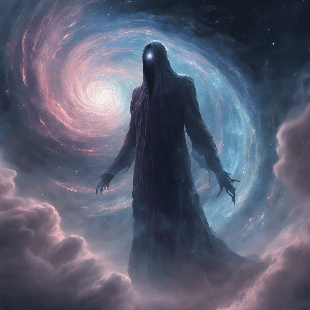 A towering figure shrouded in nebulous darkness, with eyes that shimmer like stars. Its body seems to be made of a swirling cosmic cloud, nebula-like in appearance, constantly changing its form. It wields an ethereal blade that crackles with void energy.