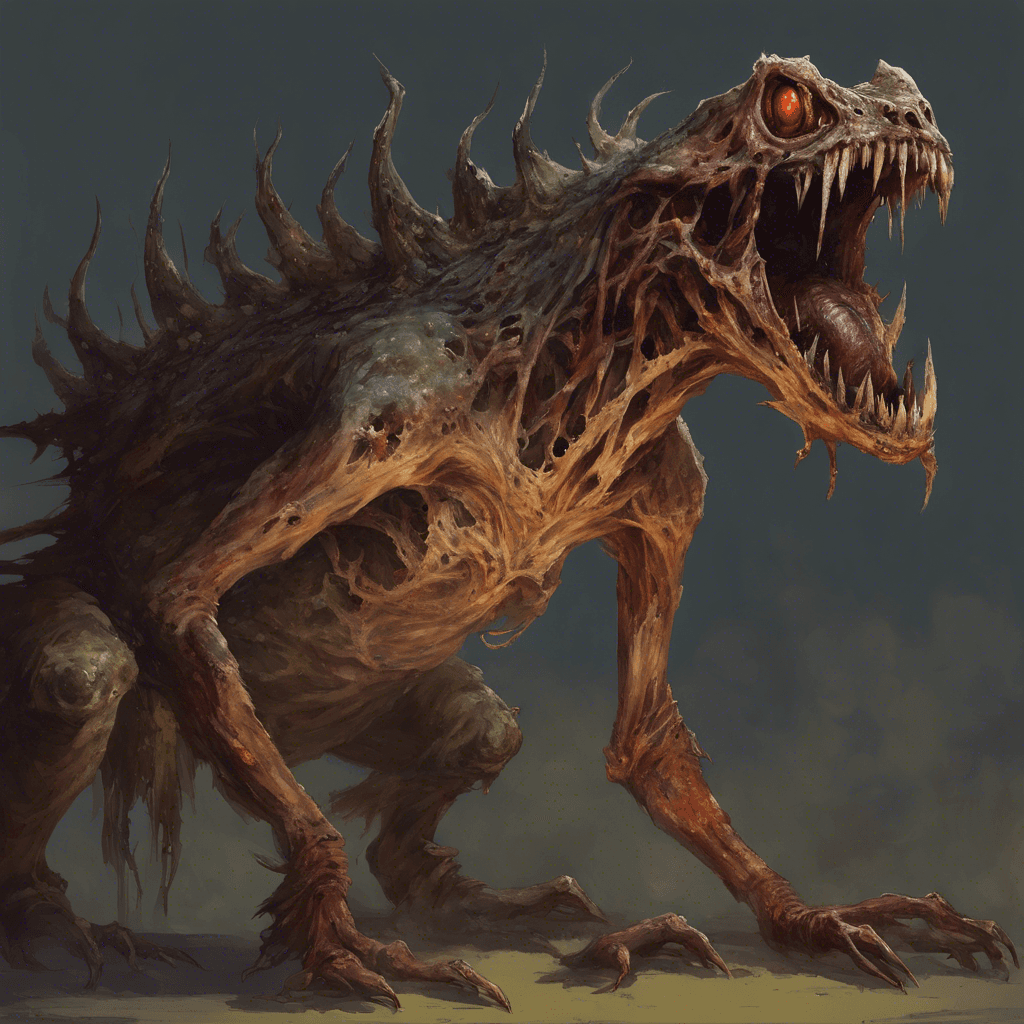 A decrepit creature with pallid, mottled skin that hangs loosely from its frail frame. Its eyes are sunken and glow with a baleful, reddish light. Long, filthy claws extend from withered fingers, and its mouth is agape, revealing rows of jagged, yellowed teeth.