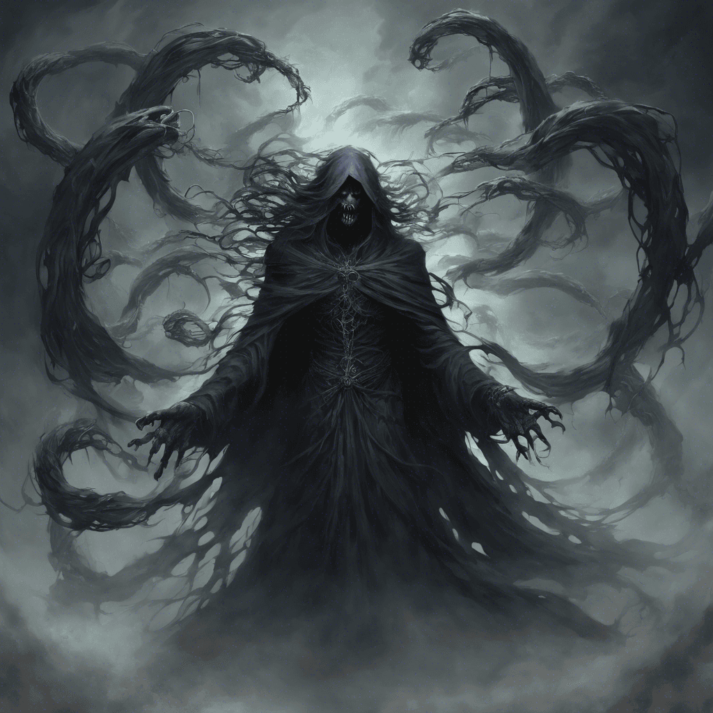 A swirling mass of shadows and tormented faces, its eyes like piercing voids of sorrow and rage, the wraith exudes a cold aura. Chains of ethereal energy float around it as it lashes out with tendrils of dark mist.