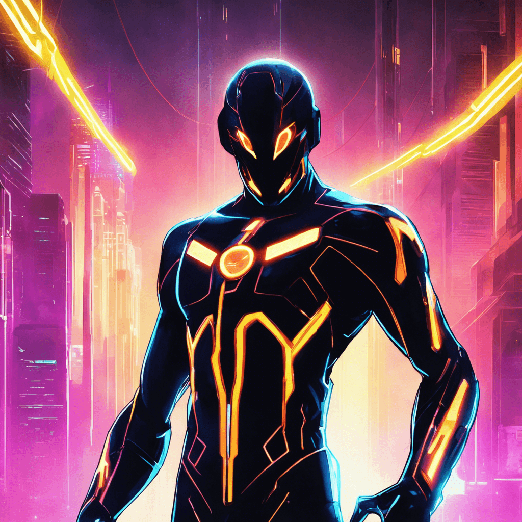 The Neon Shadow is a mysterious figure clad in a sleek, black cybernetic suit that seems to blend seamlessly with the darkness of Nova Arc. Its glowing neon accents give off an eerie, otherworldly glow, reflecting off the surrounding neon lights. Its eyes shine with a cold, calculating intelligence, hinting at its advanced cybernetic enhancements.