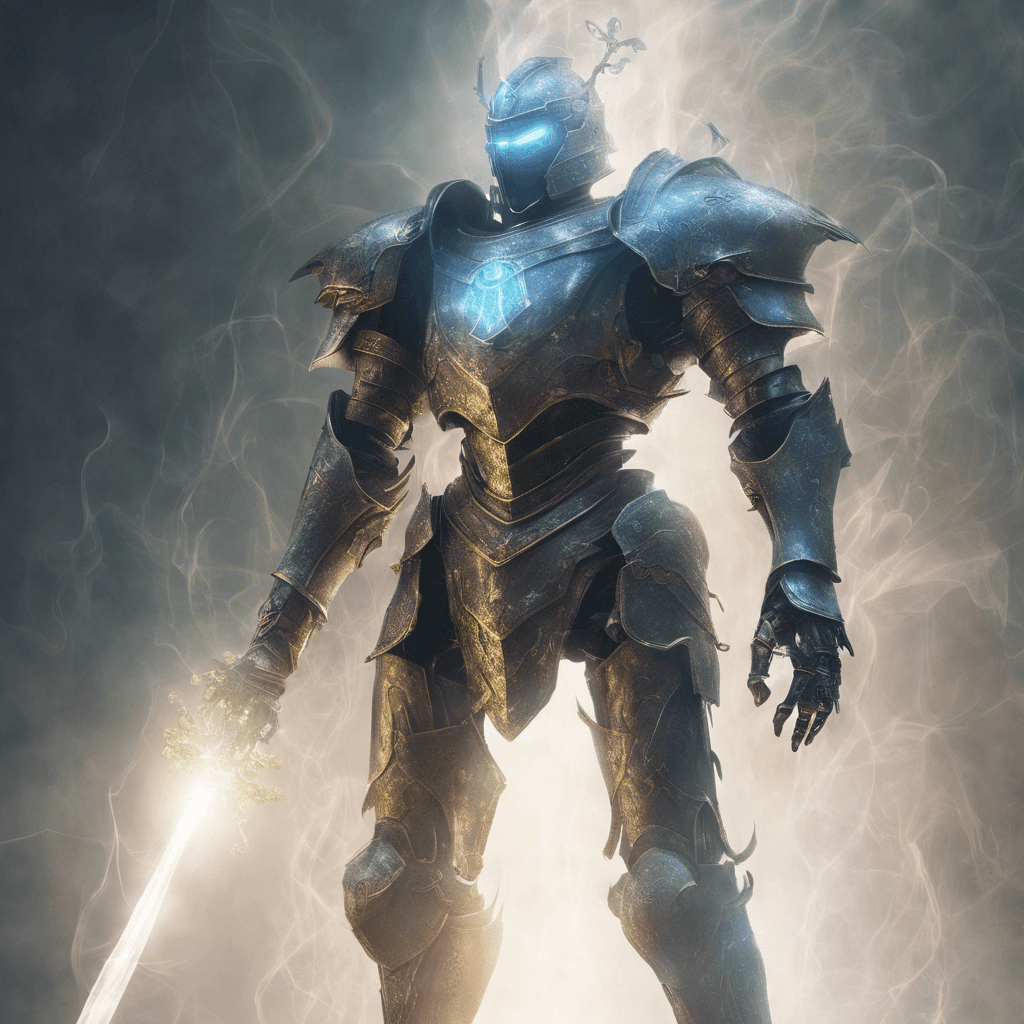 A towering suit of armor animated by a ghostly presence, with glowing eyes and ethereal mist seeping from its joints.