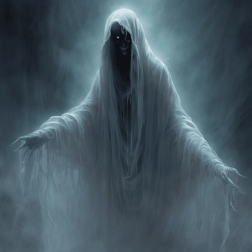 A ghostly figure shrouded in ethereal rags, its hollow eyes glowing with baleful light. A spectral chill emanates from its form, freezing the surrounding air.