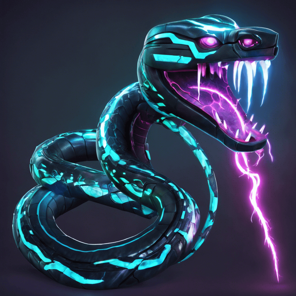 The Cyber-Snake is a sleek, metallic serpent with neon circuit patterns glowing beneath its surface. It moves with lightning speed, striking with razor-sharp cybernetic fangs and a venom that corrupts its victim's cybernetic systems.