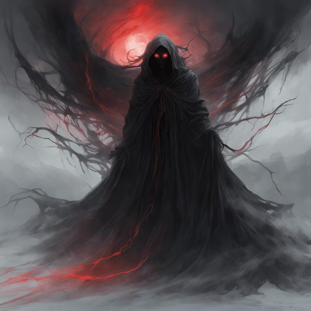 A spectral figure draped in tattered black robes, with glowing red eyes that pierce through the darkness. Wispy tendrils of mist surround its form, exuding an otherworldly chill that freezes the air around it.