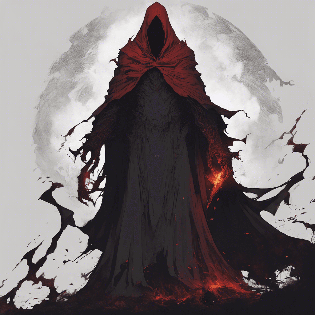 A towering figure shrouded in a cloak of impenetrable darkness, with eyes that burn like crimson coal and hands crackling with forbidden magic.