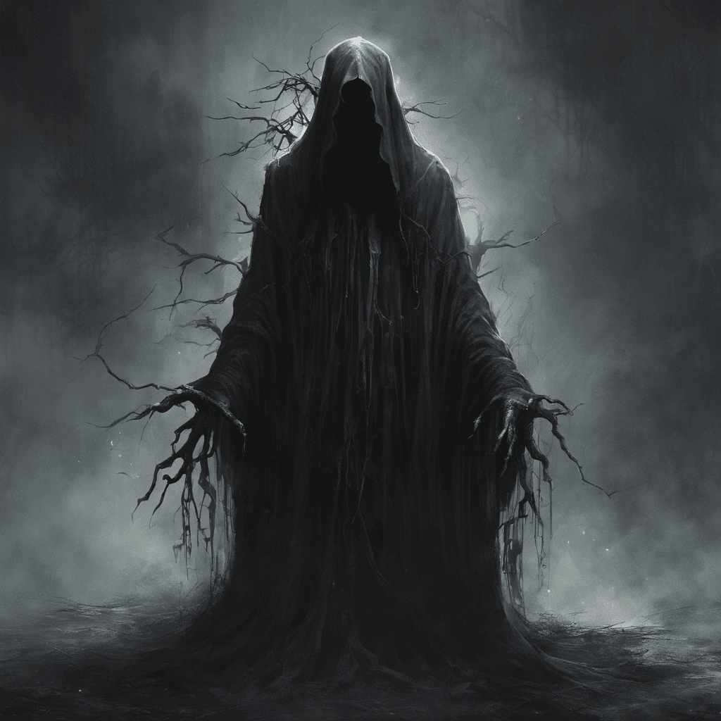 A sinister figure cloaked in tattered funeral garb, its eyes are hollow voids that seep darkness. A chilling aura emanates from its form as it hovers slightly above the ground, its movements erratic and unpredictable - a whispered threat of malice and sorrow.