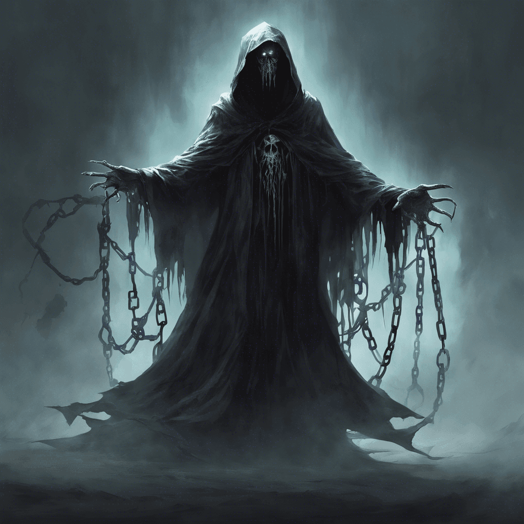 A ghastly figure, cloaked in tattered robes that seem to absorb the light around it. Its eyes are void of life, glowing with a sinister, unnatural light. The air grows cold as the Shadow Revenant floats above the ground, with ghostly chains clanking softly as it moves.