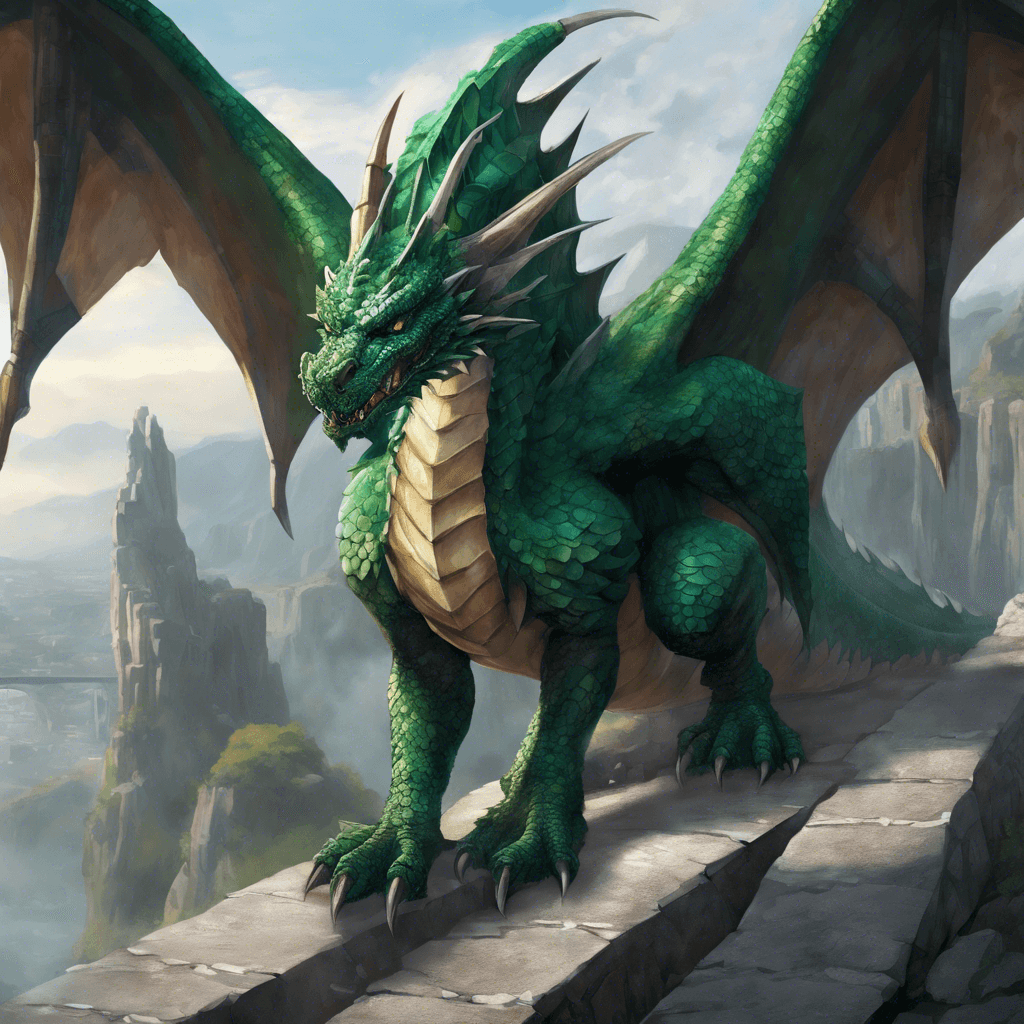 A massive dragon with granite-like scales that blend with the rocks of the bridge. Its eyes gleam like emeralds, and smoke drifts from its nostrils. Large, powerful wings are folded against its back, and sharp claws dig into the stone.