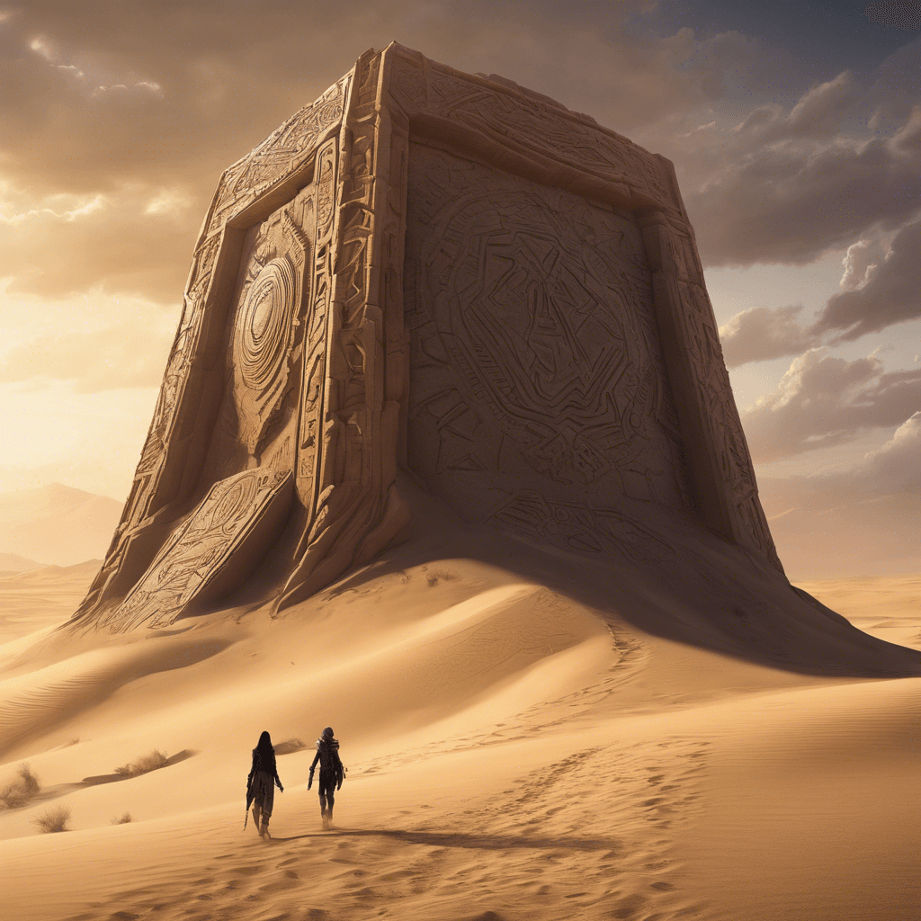 A towering behemoth, carved from the very sands and stone of the dunes it protects. Glowing runes etch its surface, pulsating with ancient magic. Each step it takes sends tremors through the desert.