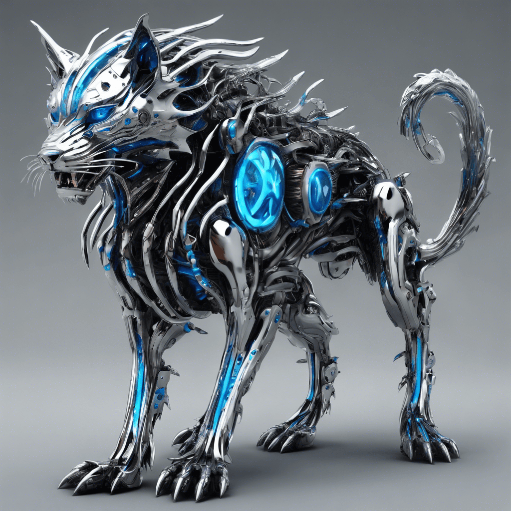 A sleek mechanical beast with sharp metallic fur and neon-blue eyes. Hydraulic muscles ripple under its chrome-plated skin as it prowls on bladed paws, dripping with corrosive saliva.