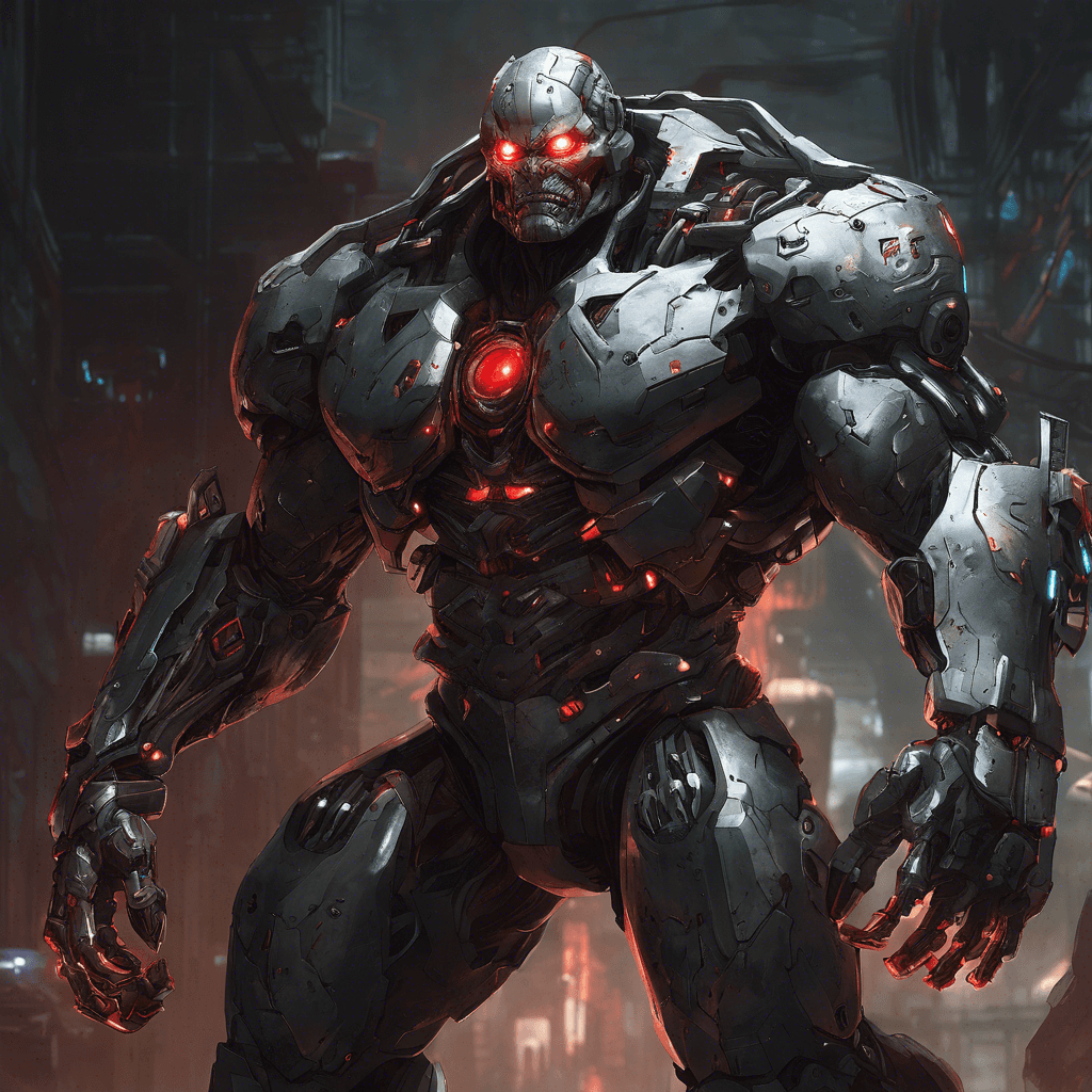 A hulking figure covered in cybernetic enhancements and armor, with glowing red eyes piercing through the darkness. Its limbs are replaced with powerful mechanical augmentations, designed for ruthless efficiency in combat.