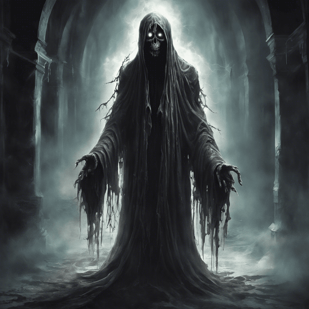 A ghastly figure clad in tattered robes, with glowing eyes that pierce through the darkness. Wisps of ethereal energy surround it, emanating a bone-chilling aura. Its eerie wail echoes through the corridors, freezing the blood of all who hear it.