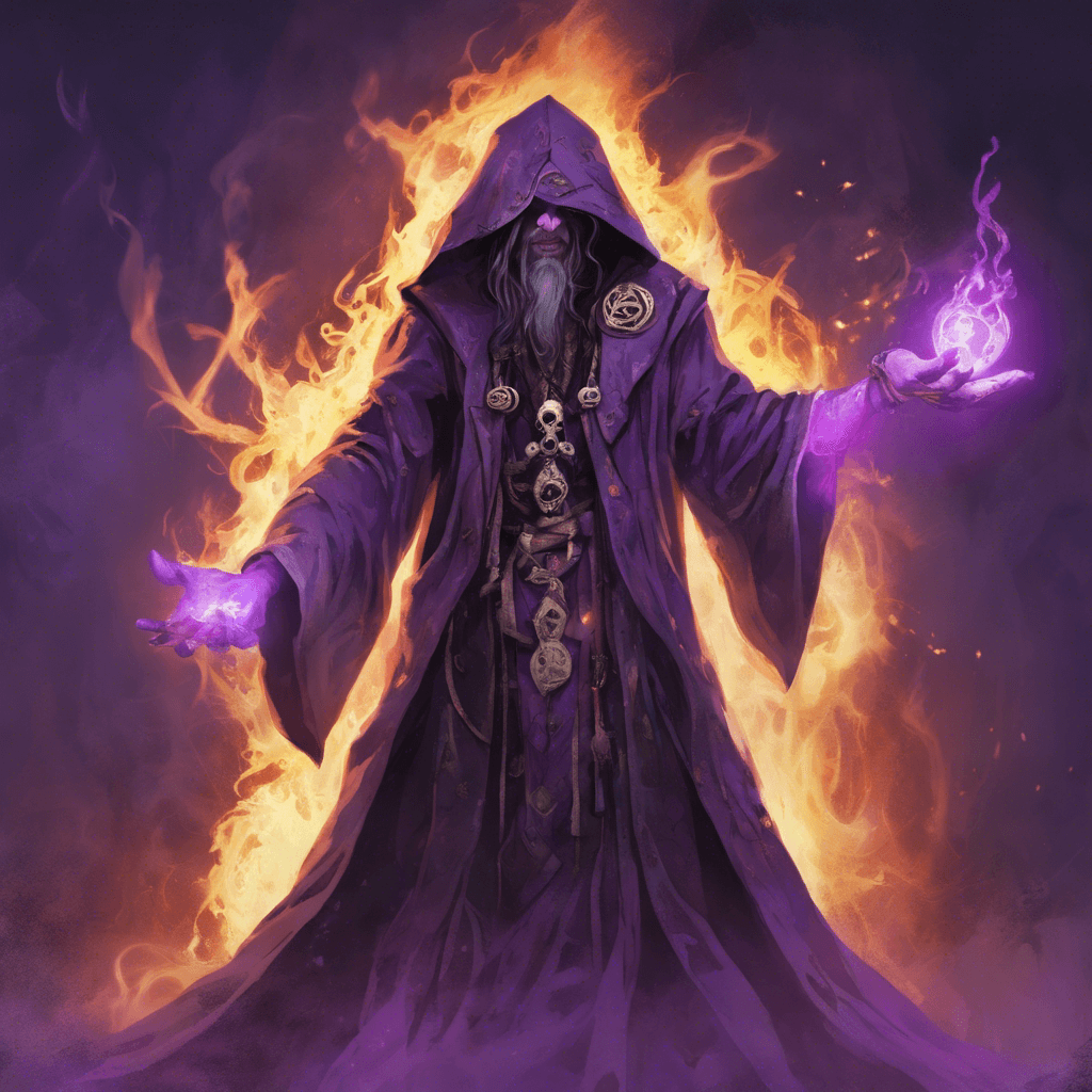 Brogan appears as a gaunt figure draped in tattered robes adorned with arcane symbols. His eyes glow with a sinister violet light, and his hands flicker with illusionary flames.