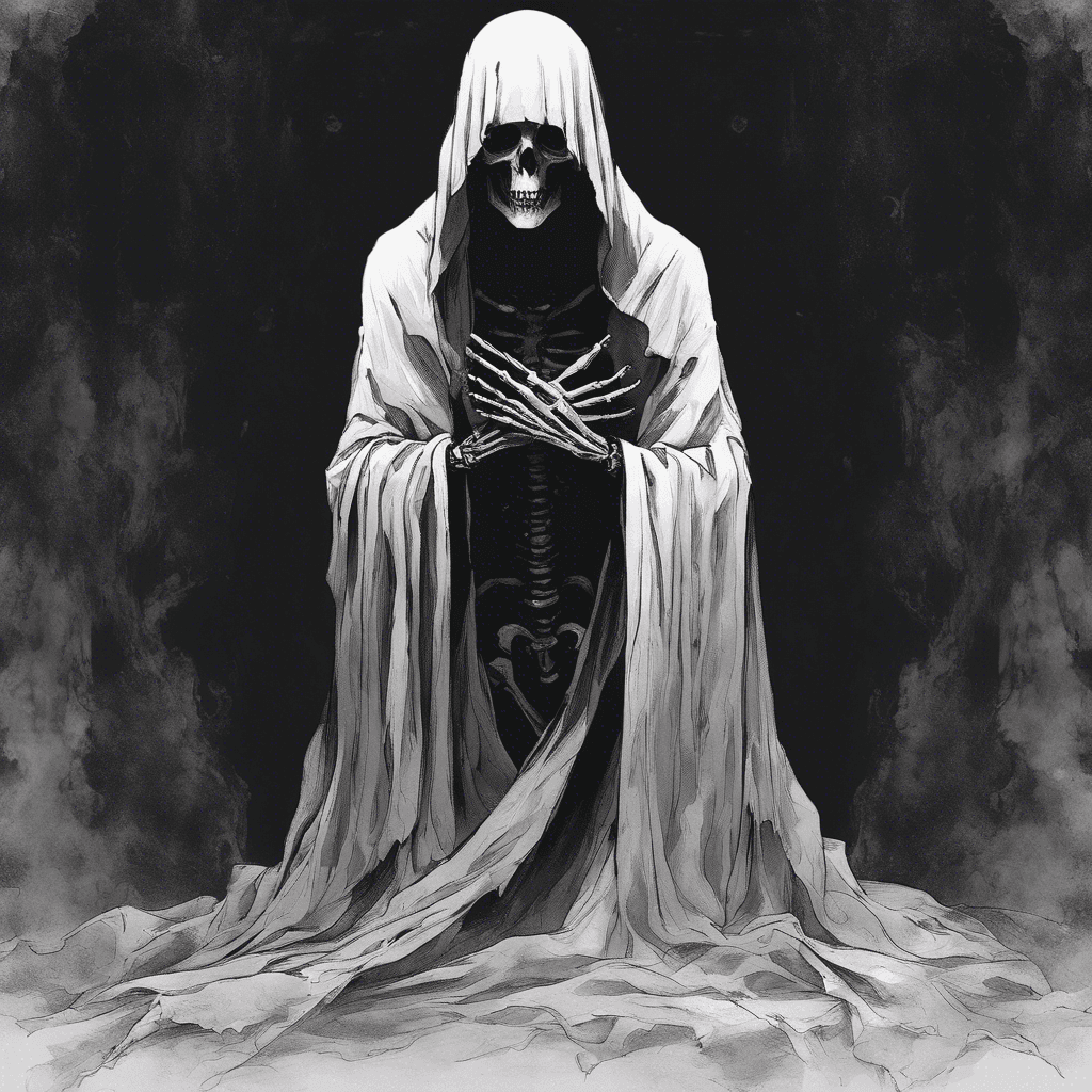 A chilling apparition robed in tattered shrouds of black, with skeletal hands that exude a ghostly light. Its face is a void beneath its hood, darker than the surrounding shadows, and its mere presence makes the temperature drop noticeably.