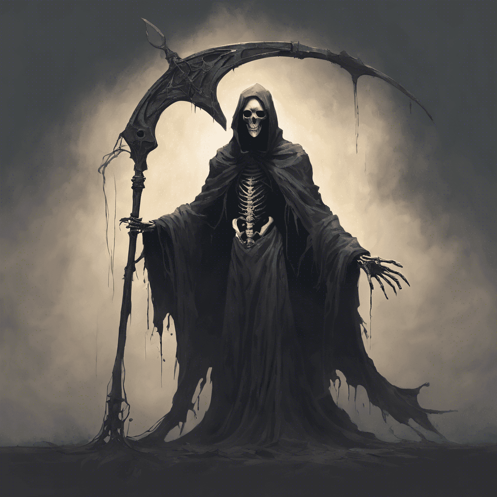 A tall, skeletal figure shrouded in tattered dark robes, radiating a malevolent aura. Its eyes are empty voids, and its bony hands clutch a scythe that seems to absorb the light around it.