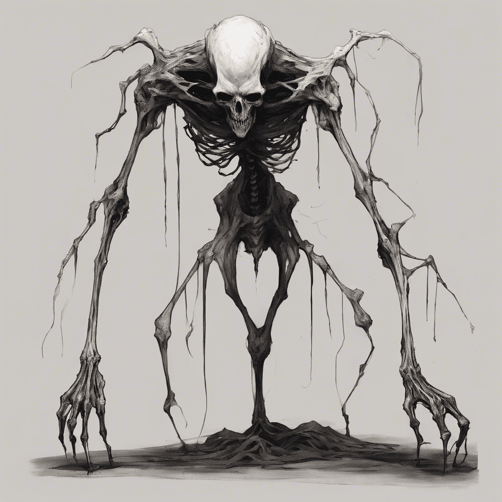 A ghastly figure, emaciated and humanoid, with elongated limbs that seem to meld with the darkness. Its skin is a pale, deathly white, stretched taut over its gaunt frame. It moves with an unnatural, jerky motion as if it's not fully bound by the laws of the physical world, and its eyes are empty black voids that fixate hungrily on its prey.