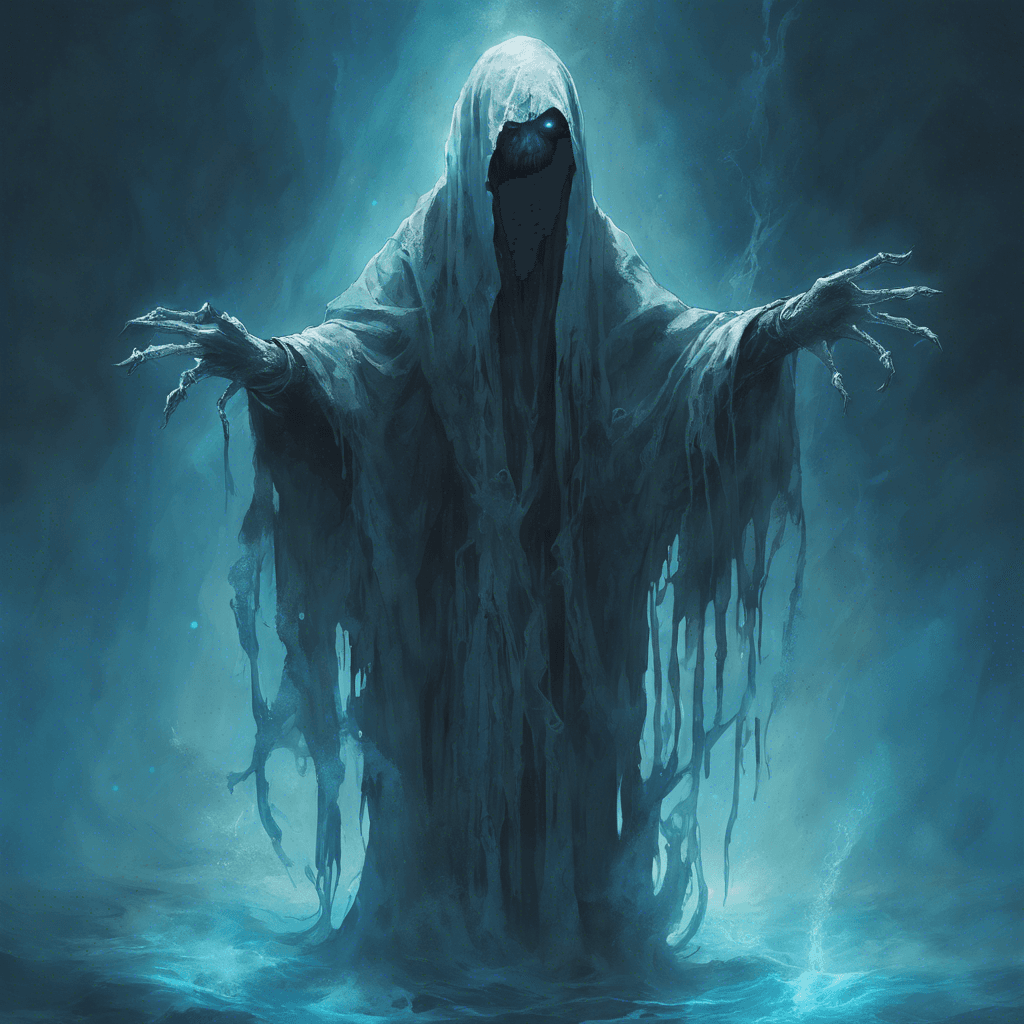 A spectral figure shrouded in tattered robes that float as though underwater, its hollow eyes emitting an eerie blue glow, and hands outstretched with ethereal claws.