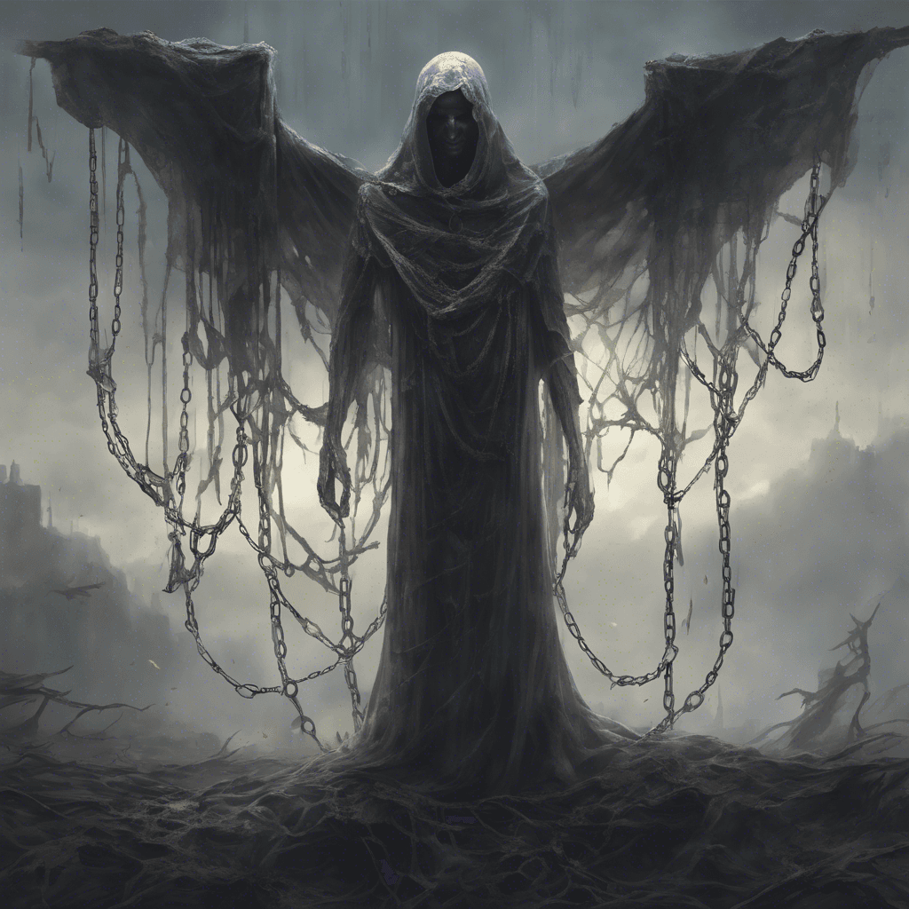 A translucent figure hovering above the ground, its eyes glow with a relentless hunger, ethereal chains clanking against the remnants of its tattered funeral shroud.