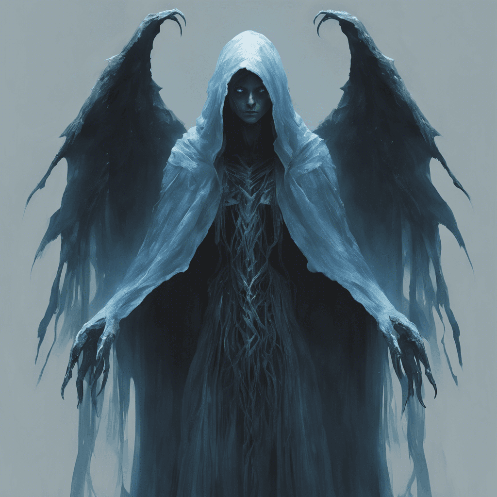 A cloak of shadow seems to cling to this gaunt figure, with icy blue eyes that pierce through the dim light. Its ethereal body hovers slightly above the ground, and long, twisted fingers extend from its hands like talons, poised to strike.